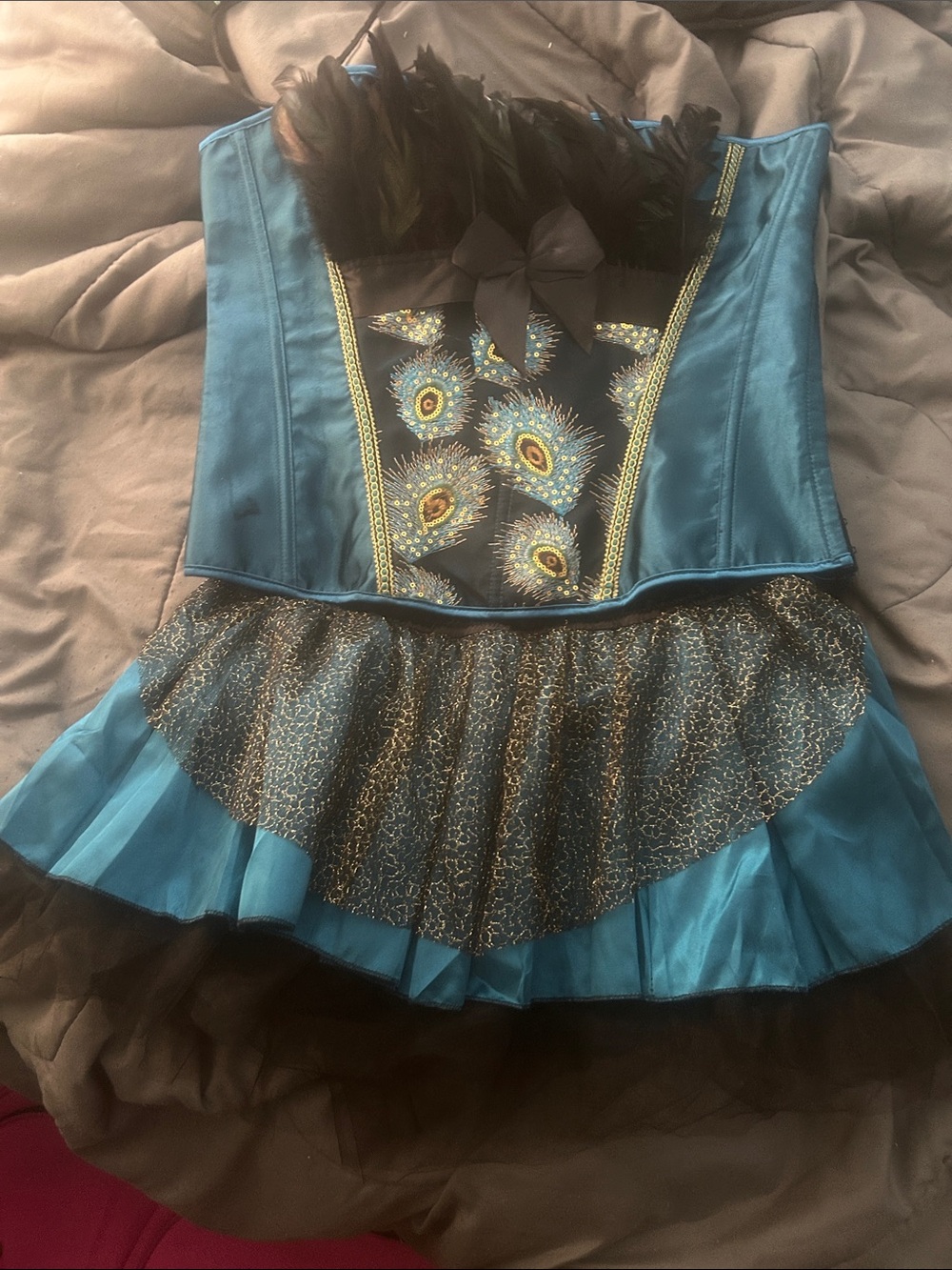 Teal Peacock Feather Corset with Matching Skirt